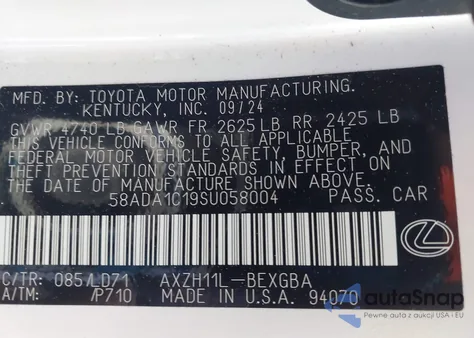 2025 Lexus Es 300H z USA, uszkodzony, nr VIN 58ADA1C19SU058004